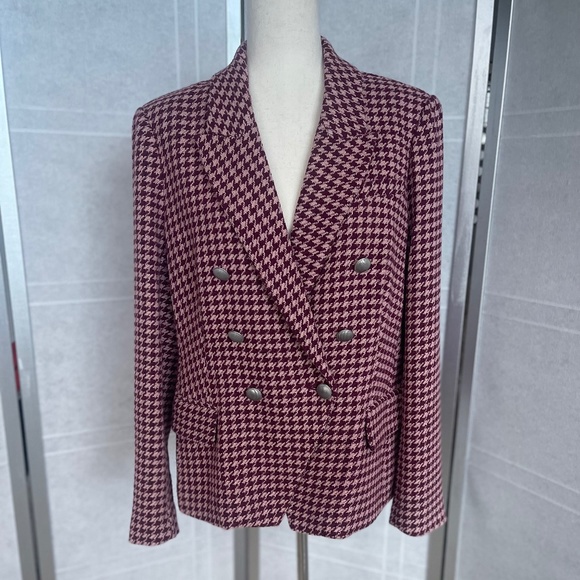 L'AGENCE Burgundy/Pink Houndstooth Tweed Kenzie Blazer sz 12